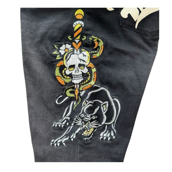 Ed Hardy Men's Slim Tapered Jeans Black Skull Dagger Embroidered Size 38 - Picture 7 of 12